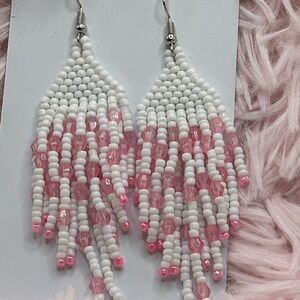 White & Pink Fringe Earrings